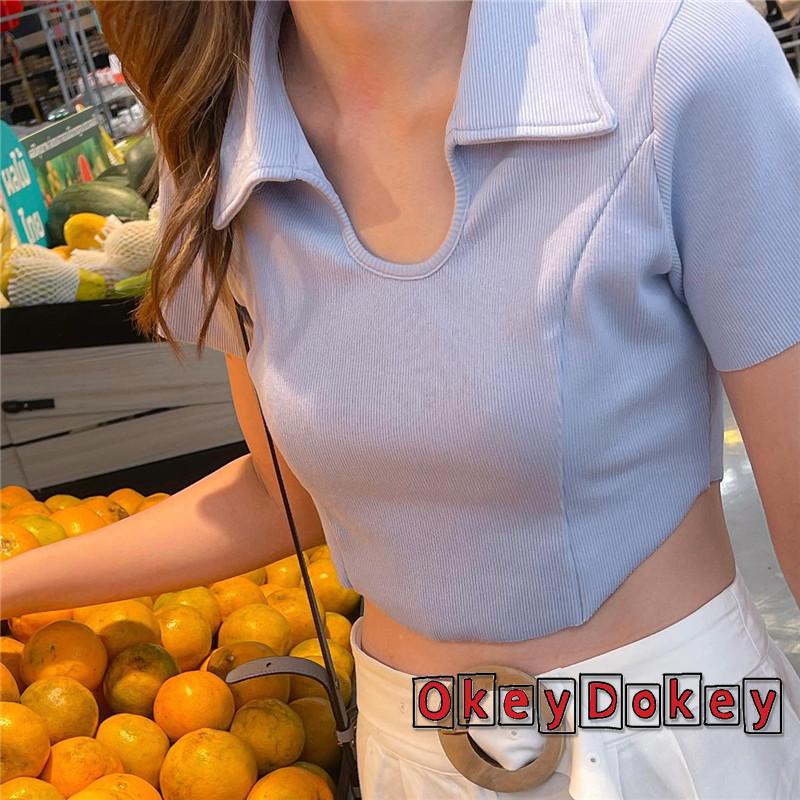 Áo Croptop Tay Ngắn Cổ Bẻ Màu Trơn Thời Trang Mùa Hè Cho Nữ