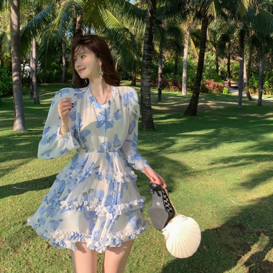 2023 Đầm mini  Voan Ngắn Tay Dài In Họa Tiết Hoa Xanh Dương Thời Trang Mùa Hè Phong Cách Hàn Quốc Cho Nữ