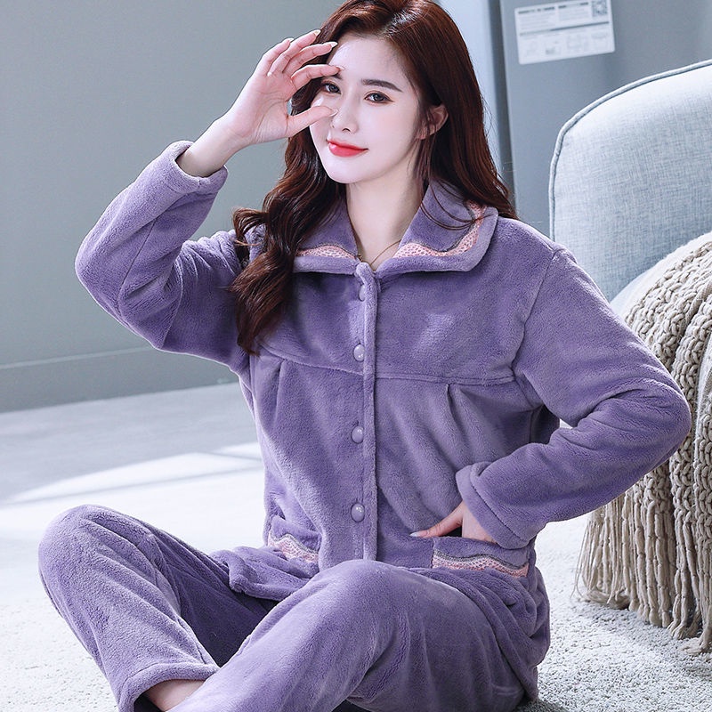Bộ đồ ngủ mùa đông của phụ nữ trung niên và cao tuổi flannel mẹ phù hợp với mặc nhà