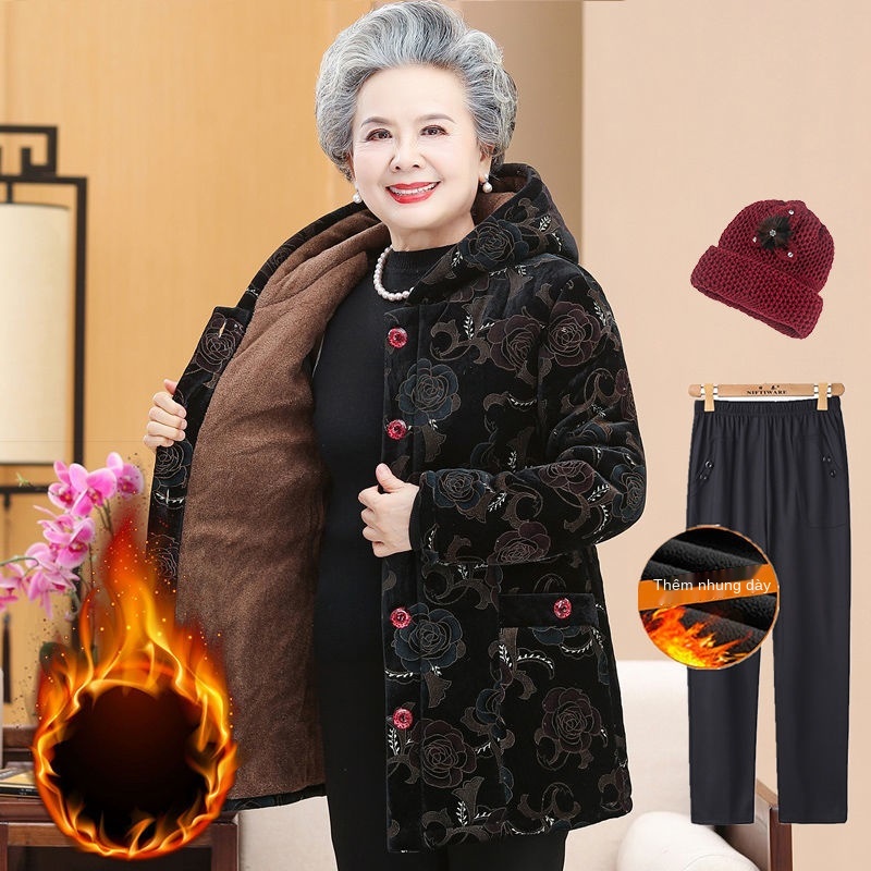 Quần áo mùa đông của phụ nữ trung niên và cao tuổi Bà mẹ 70 cộng với khoác lông cừu chần bông dành cho người già có mũ t