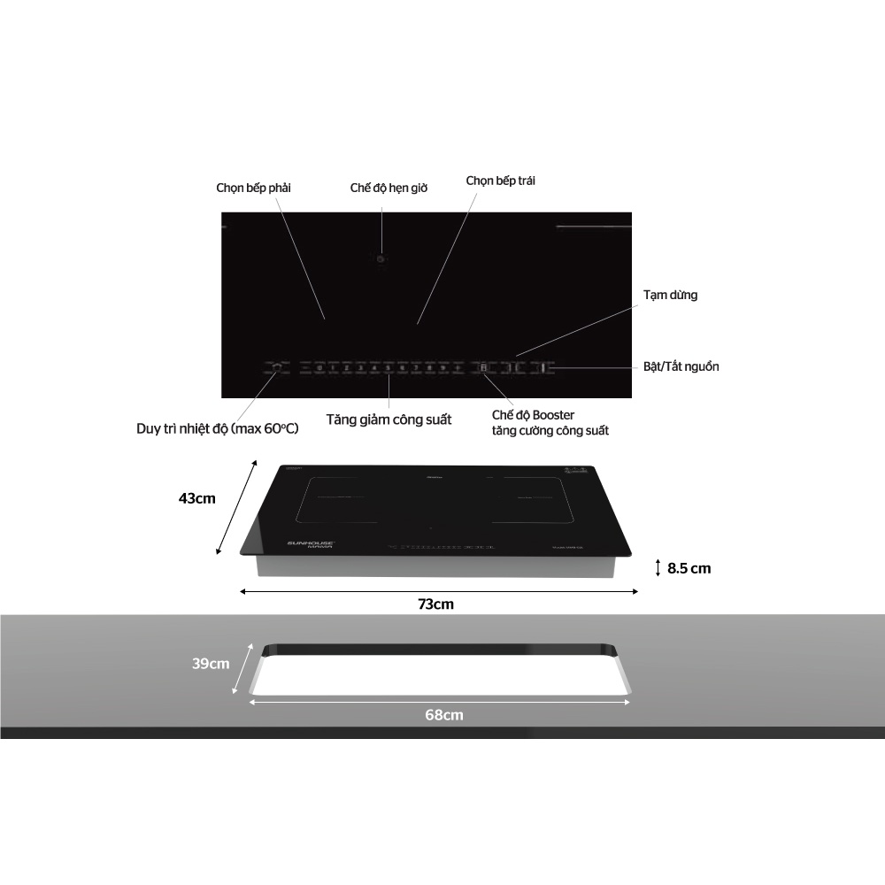 Bếp đôi điện từ Sunhouse Mama MMB-02I, Công suất 4200W, Bảo hành 36 tháng tại nhà