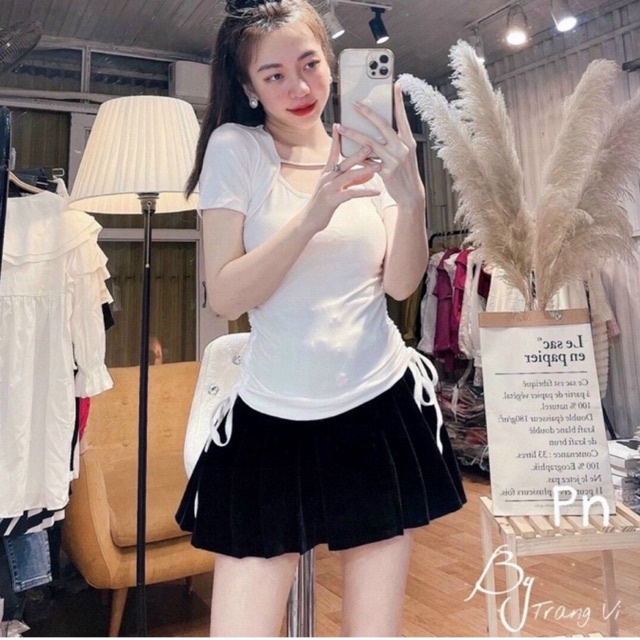 Áo kiểu cổ vuông rút dây 2 bên, Áo thun dáng ôm ngắn tay co giãn AS5520 - NhiNhi Shop