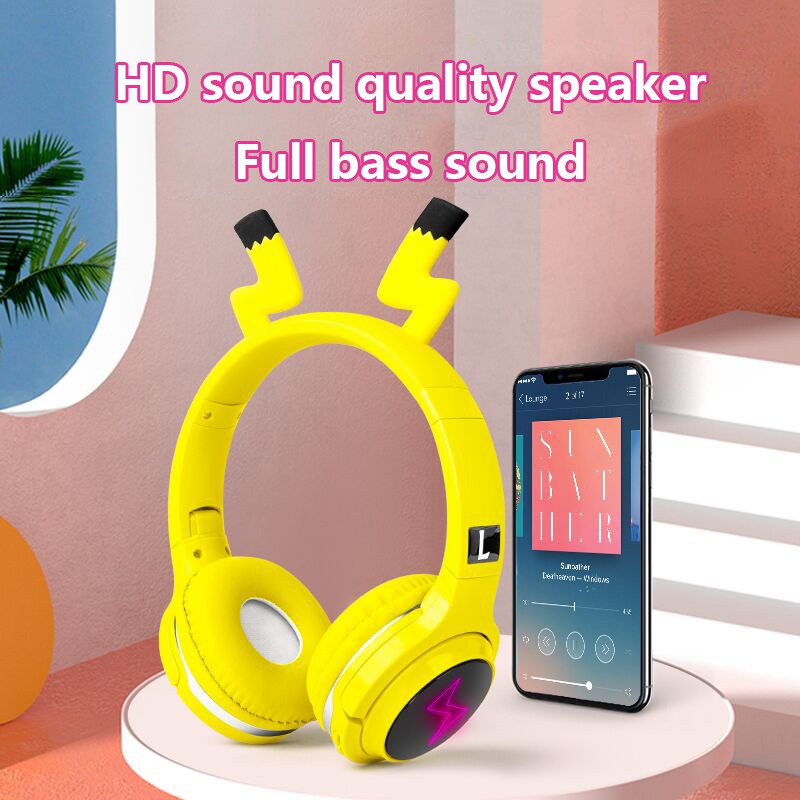 Tai nghe chụp tai không dây bluetooth thiết kế kiểu Pikachu xinh xắn