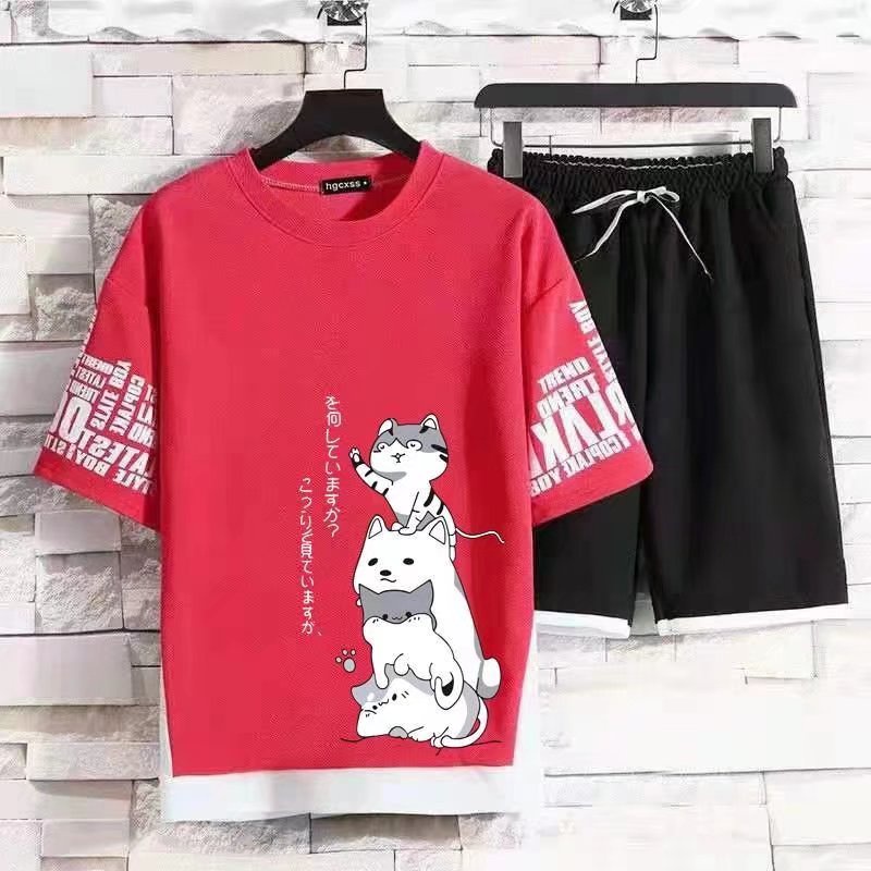 Set áo thun tay ngắn cổ tròn in hình mèo và quần đùi thời trang dành cho nam