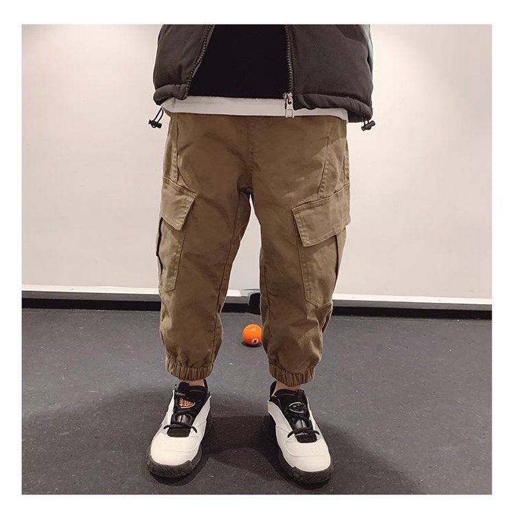 quần dài kaki bé trai chất mềm màu nâu có túi dáng jogger có lót lông Shushibaby