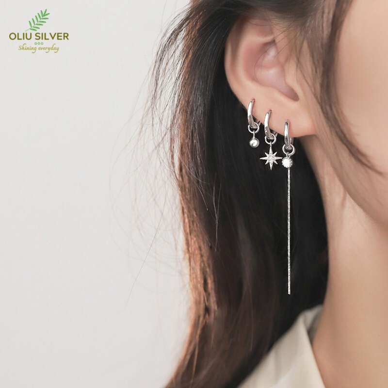 Bông Tai Bạc S925 Punk Bất Đối Xứng Nhiều Lỗ Xỏ Trẻ Trung Cá Tính | Khuyên Tai Nữ Trang Sức Bạc Thời Trang
