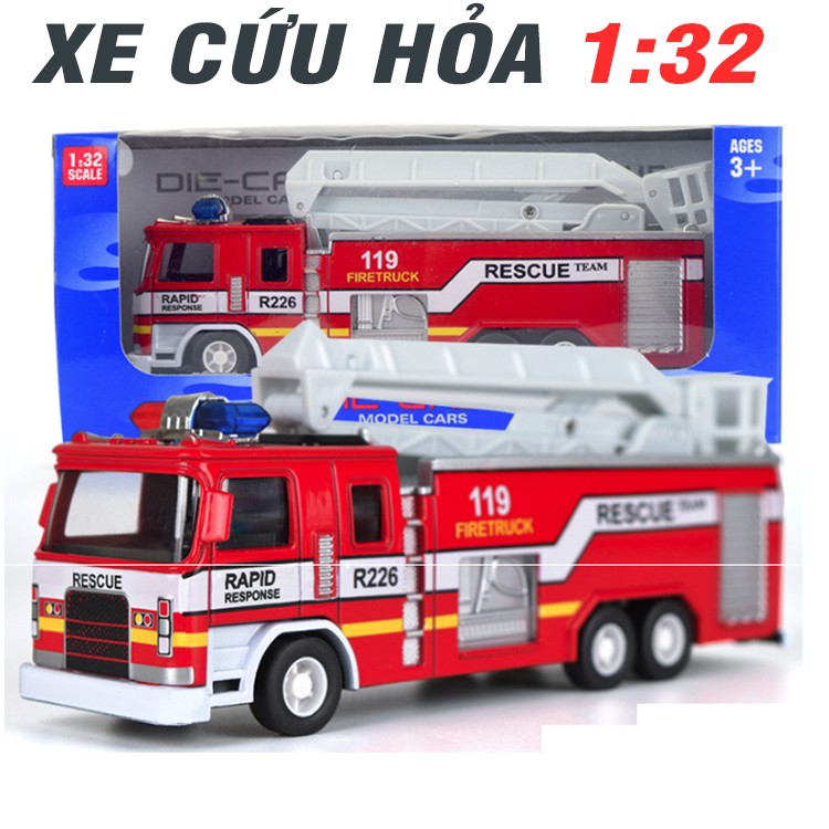 Xe ô tô cứu hỏa bằng sắt  đồ chơi trẻ em mô hình xe có âm thanh và đèn tỉ lệ 1:32 xe chạy cót