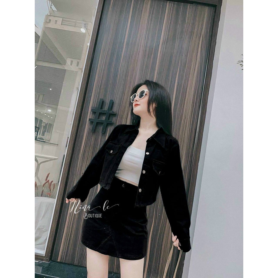 SET 3 MÓN VEST ĐEN NÚT ÁO KHOÁC CROPTOP + ÁO LÓT TRONG 2 DÂY + CHÂN VÁY