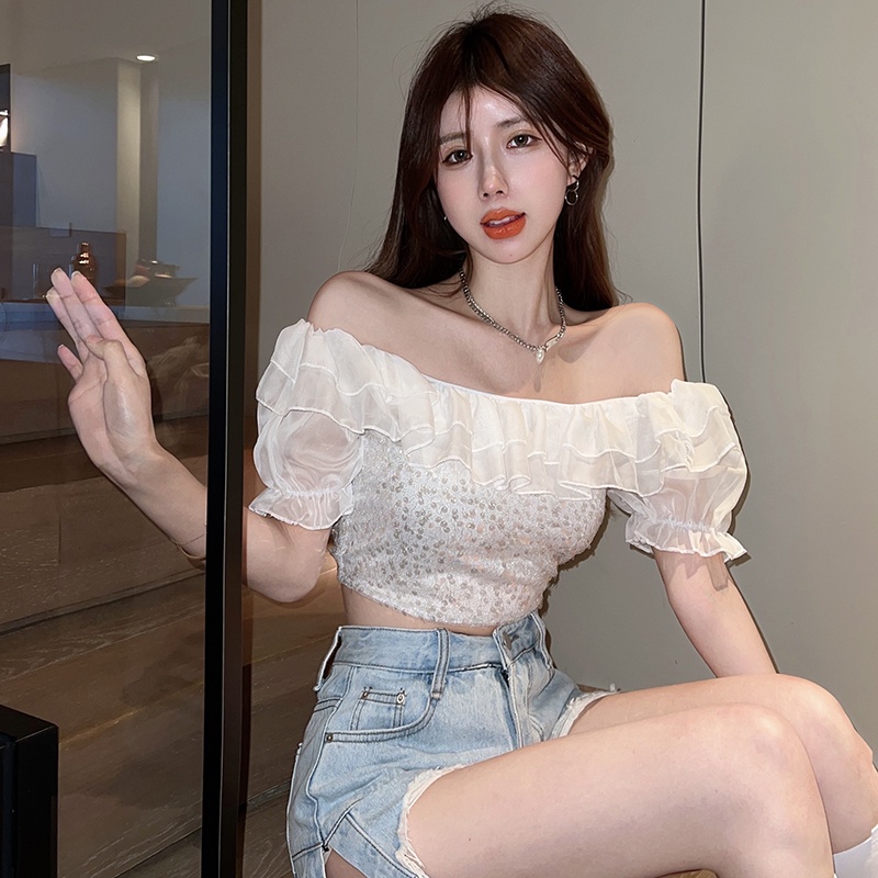 Áo Chiffon Tay Ngắn Hở Vai Đính Kim Sa Lấp Lánh Quyến Rũ Dành Cho Nữ