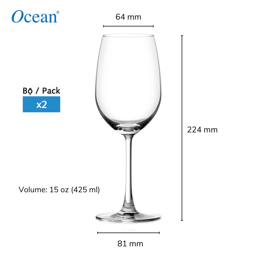 Bộ 2 Ly Thuỷ Tinh Vang Đỏ - Ocean Madison Red Wine 425ml - Chính Hãng