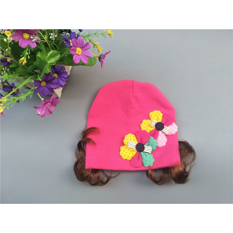 Mũ Cotton Tóc Giả hai hoa chéo xinh xắn Cho Bé Gái(5 tháng-4 tuổi)