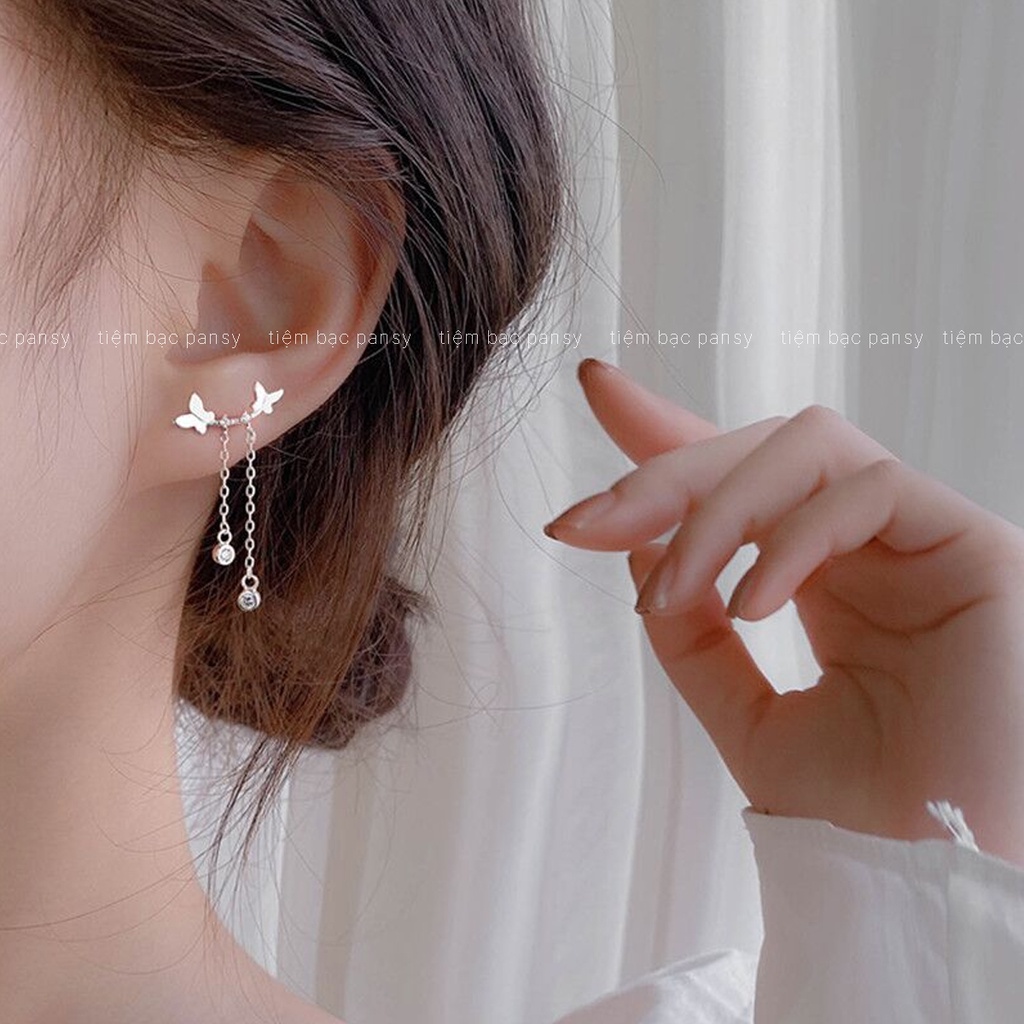 Bông tai bạc nữ PANSY hình cánh bướm thả sợi dáng dài, khuyên tai bạc hồ điệp xinh xắn