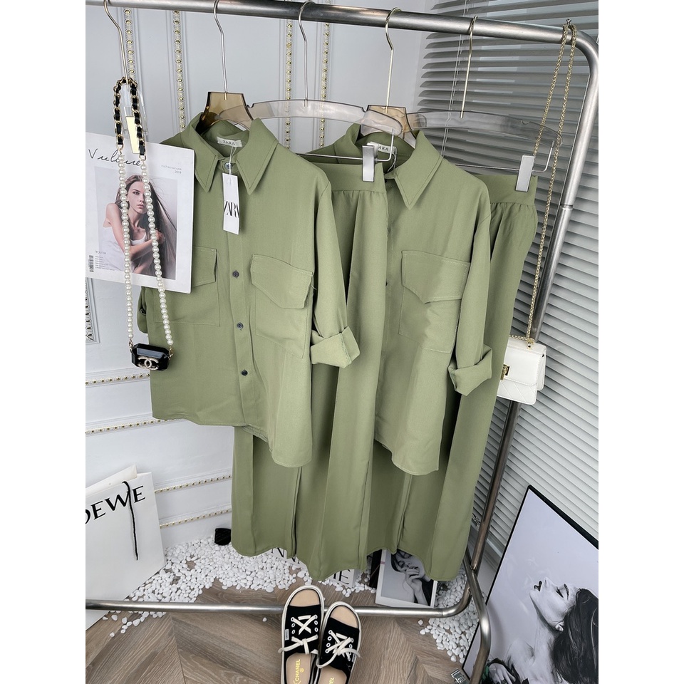 Set đũi xanh cổ đức mix quần ống sớ cao cấp