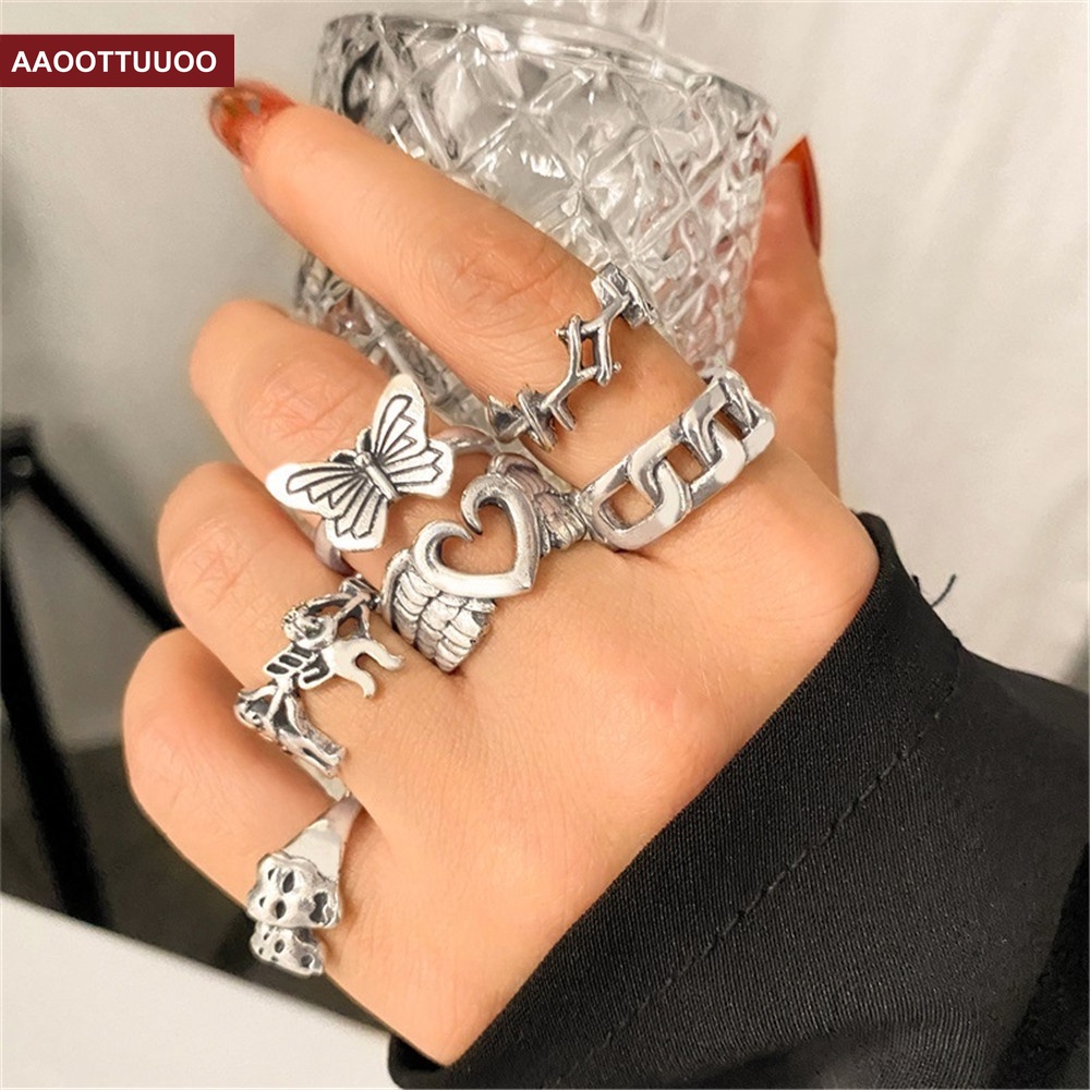 6pcs/set Nepalese Ring Retro Joint Ring Creative Heart Butterfly Ancient Silver Joint Ring Fashion Accessories Jewelry