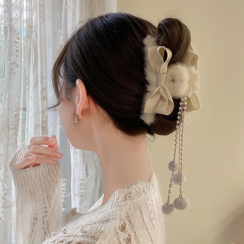 1 Kẹp Tóc Đuôi Ngựa Dài Đính Nơ Bằng Lông Giả Ngọt Ngào Thanh Lịch Cho Nữ