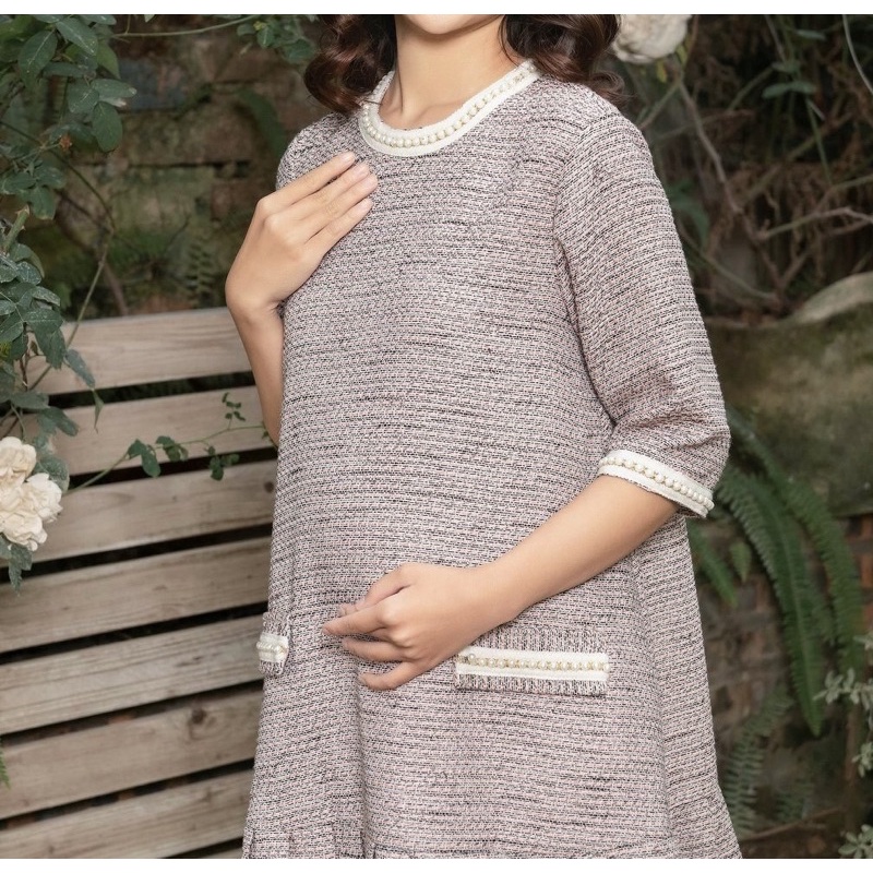 Sale Sốc Váy bầu thu đông thiết kế dạ tweed cổ viền trai /Váy bầu dáng xuông ấm áp mùa đông Bella mama