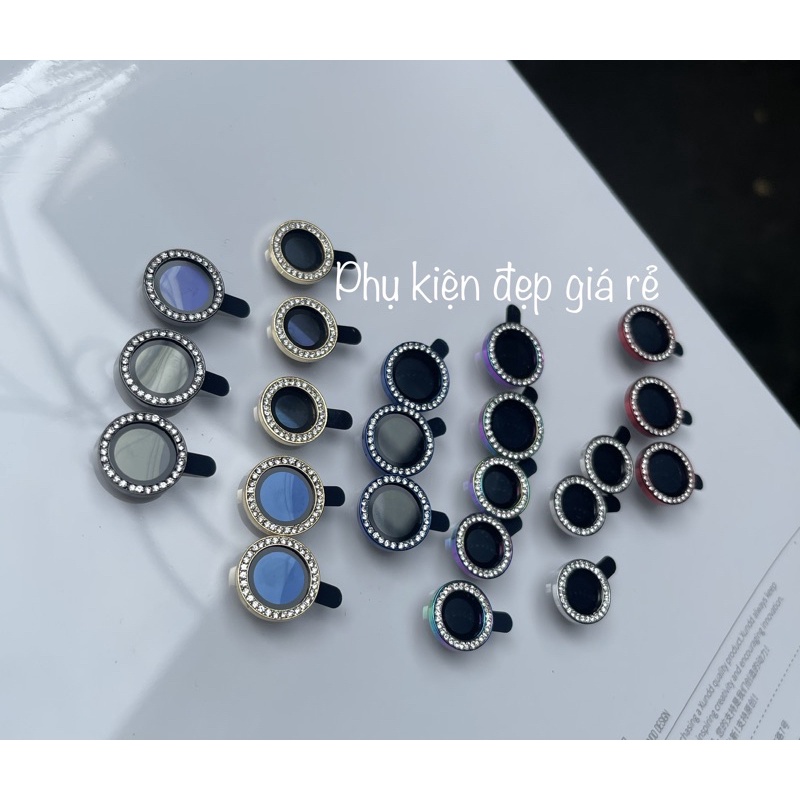 Bộ 3 mắt dán bảo vệ camera kim cương iphone 14, 13 12 Mini, 12, 12 Pro Max, 11 đính đá hạt siêu đẹp titan 7 màu cầu vồng