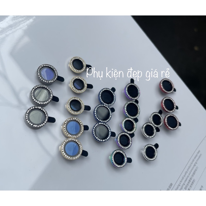 Bộ 3 mắt dán bảo vệ camera kim cương cho iphone 12 Mini, 12, 12 Pro Max, 11 đính đá hạt siêu đẹp titan 7 màu cầu vồng