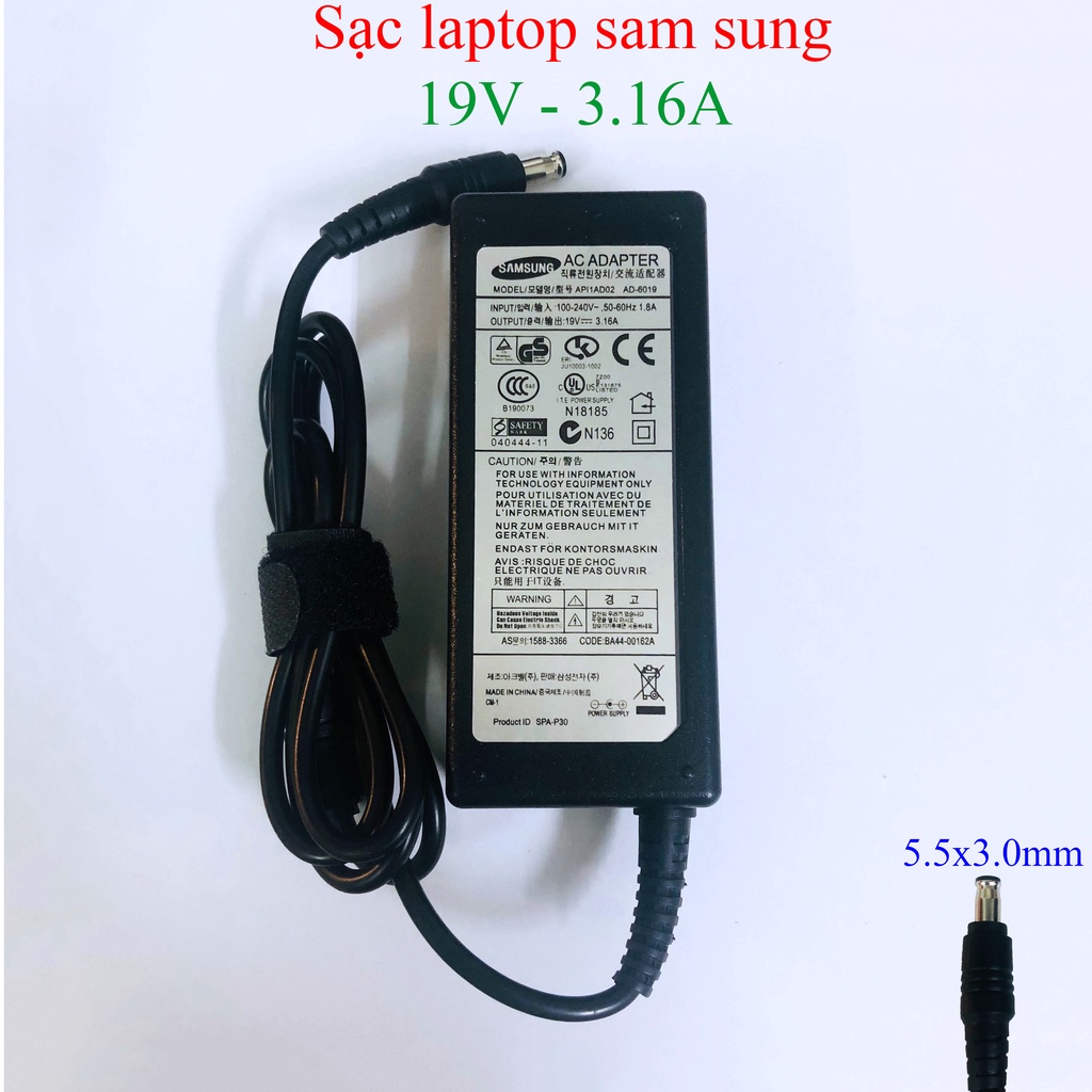 Sạc Laptop Samsung 19V – 3.16A, adapter samsung chân 5.5mm x 3.0mm