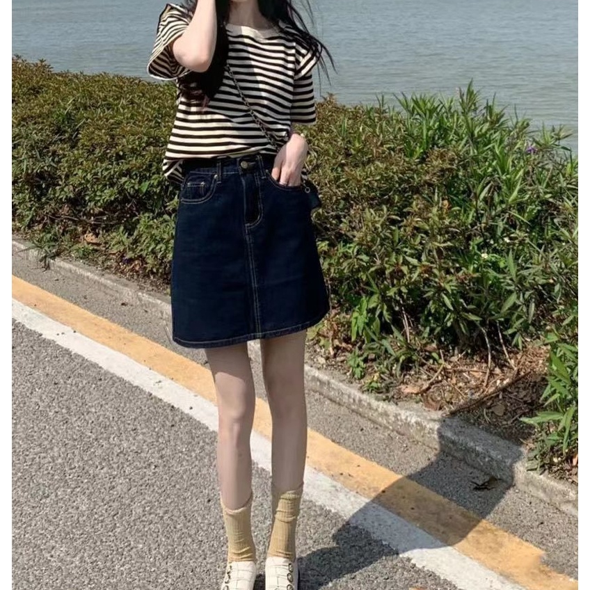 Set Áo Thun Ngắn Tay Họa Tiết Sọc Ngang Và Chân váy jean Thời Trang Dành Cho Nữ