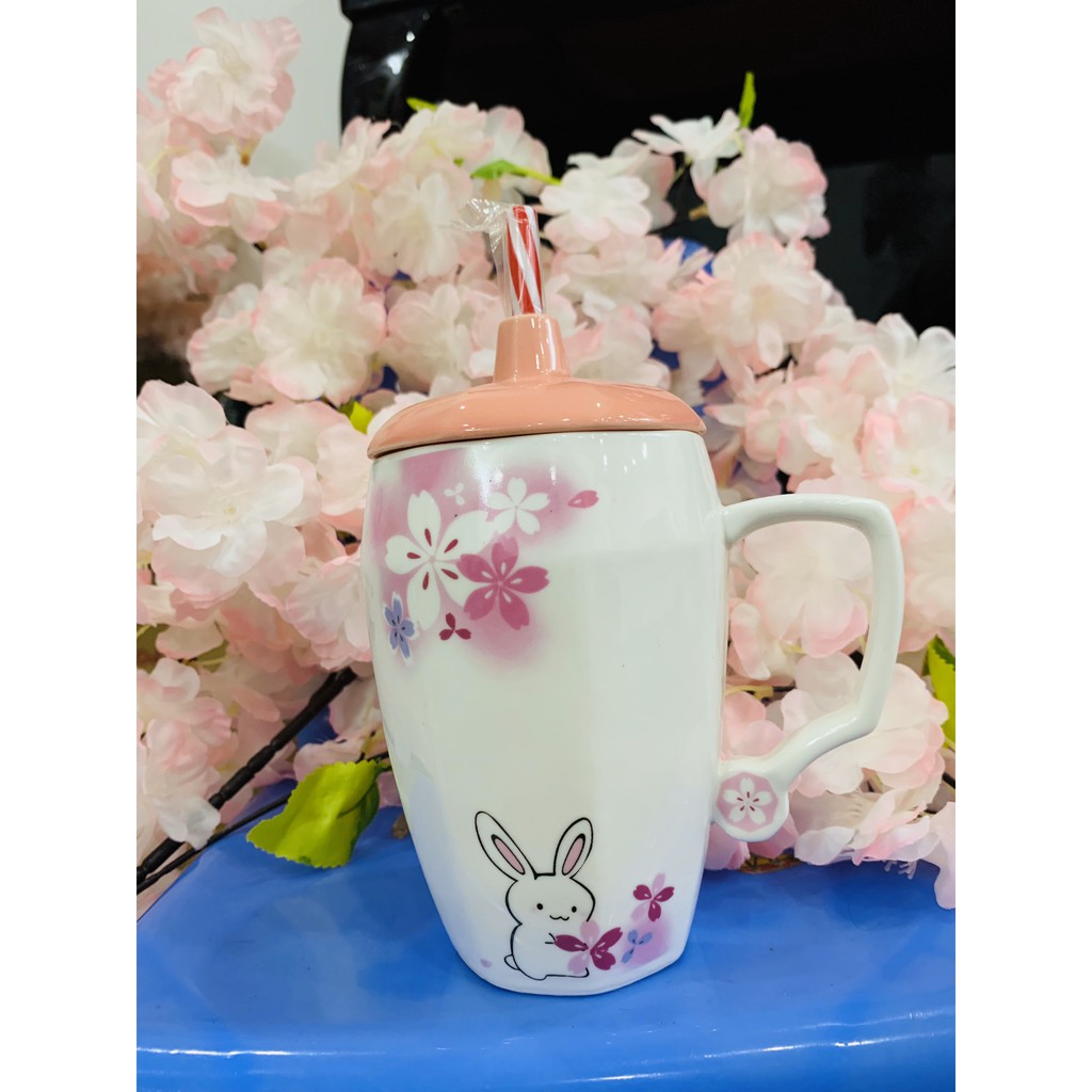 COMBO: 4 Cốc LOẠI ĐẸP Cốc/Ly sứ nắp lỗ kèm ống hút siêu xinh 450ml (Hình Thỏ và hoa)