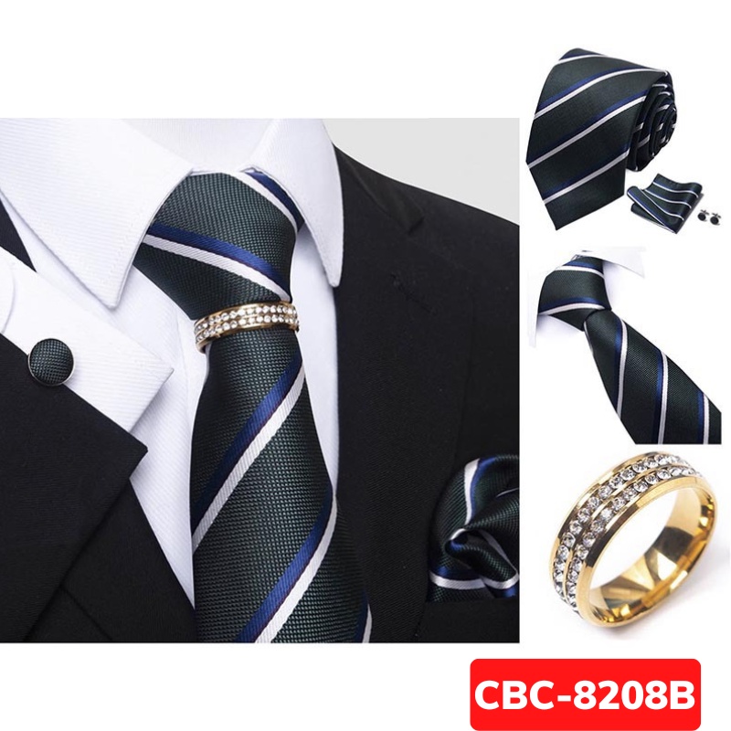 Bộ Cà vạt 4 món gồm Cavat 8cm, khăn cài túi, Măng-set, Nhẫn tròn phụ kiện, Cravat chú rể, Calavat công sở CBC-8208