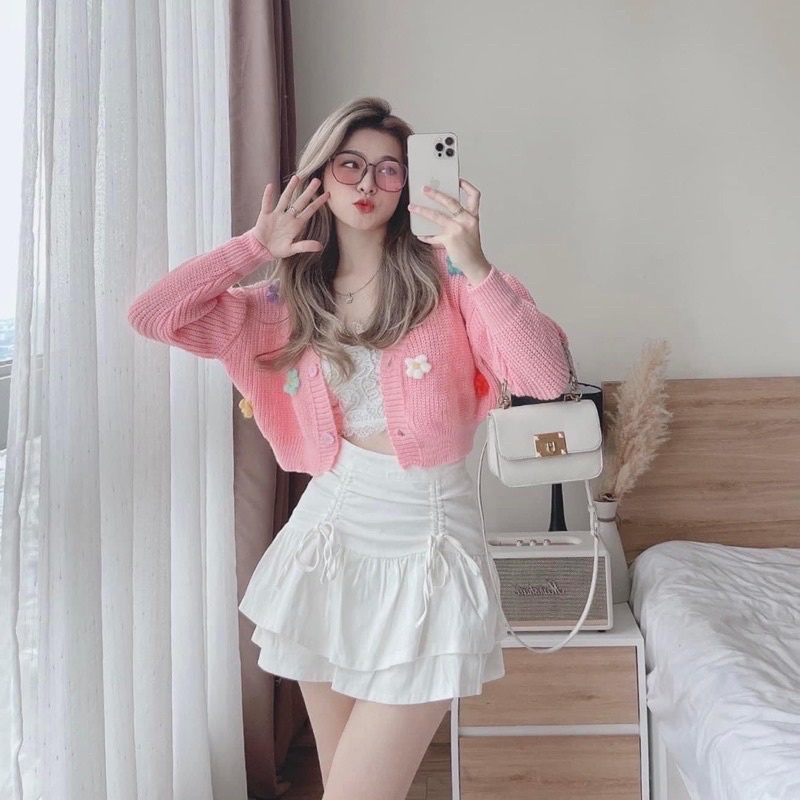 ÁO KHOÁC THUN GÂN CARDIGAN DÀI TAY XINH ĐÍNH HOA LEN MÓC MÓC BH9 (Ảnh thật cuối)