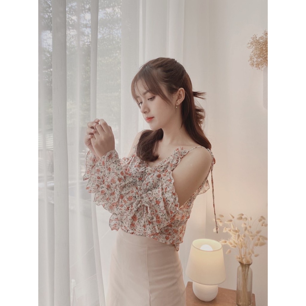 Áo Fairy bèo nữ 2 dây tay dài trễ vai họa tiết hoa – Là Hoa