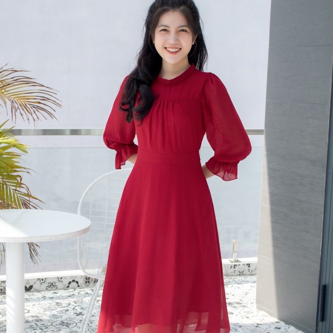Đầm trung niên dự tiệc, công sở - Cổ trụ tay lỡ nhúng bèo - Đỏ đô - TTV772 TTV Store