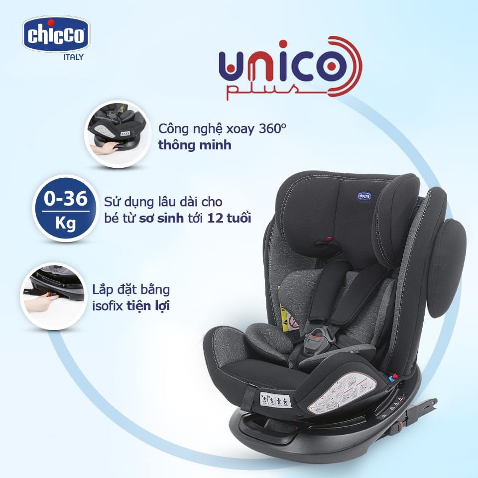 [Mã FMCG8 giảm 8% đơn 500K] Ghế ngồi ô tô Chicco Unico Plus isofix 0-12y xoay 360 độ đen shadow