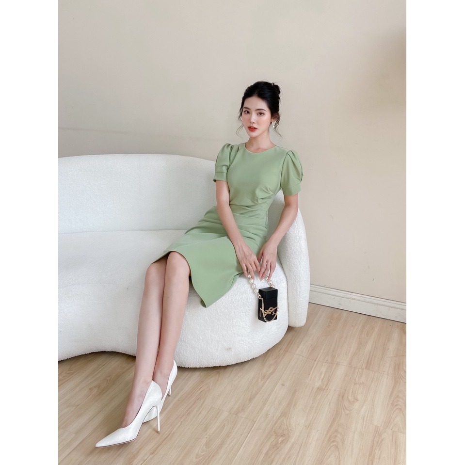 Váy cách điệu eo màu xanh YV01 vải trượt hàn cao cấp YAME