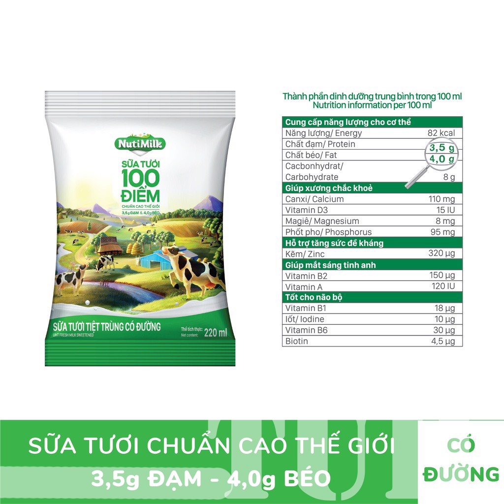 Thùng 48 Bịch NutiMilk Sữa tươi 100 điểm có đường 220ml/bịch-TUH