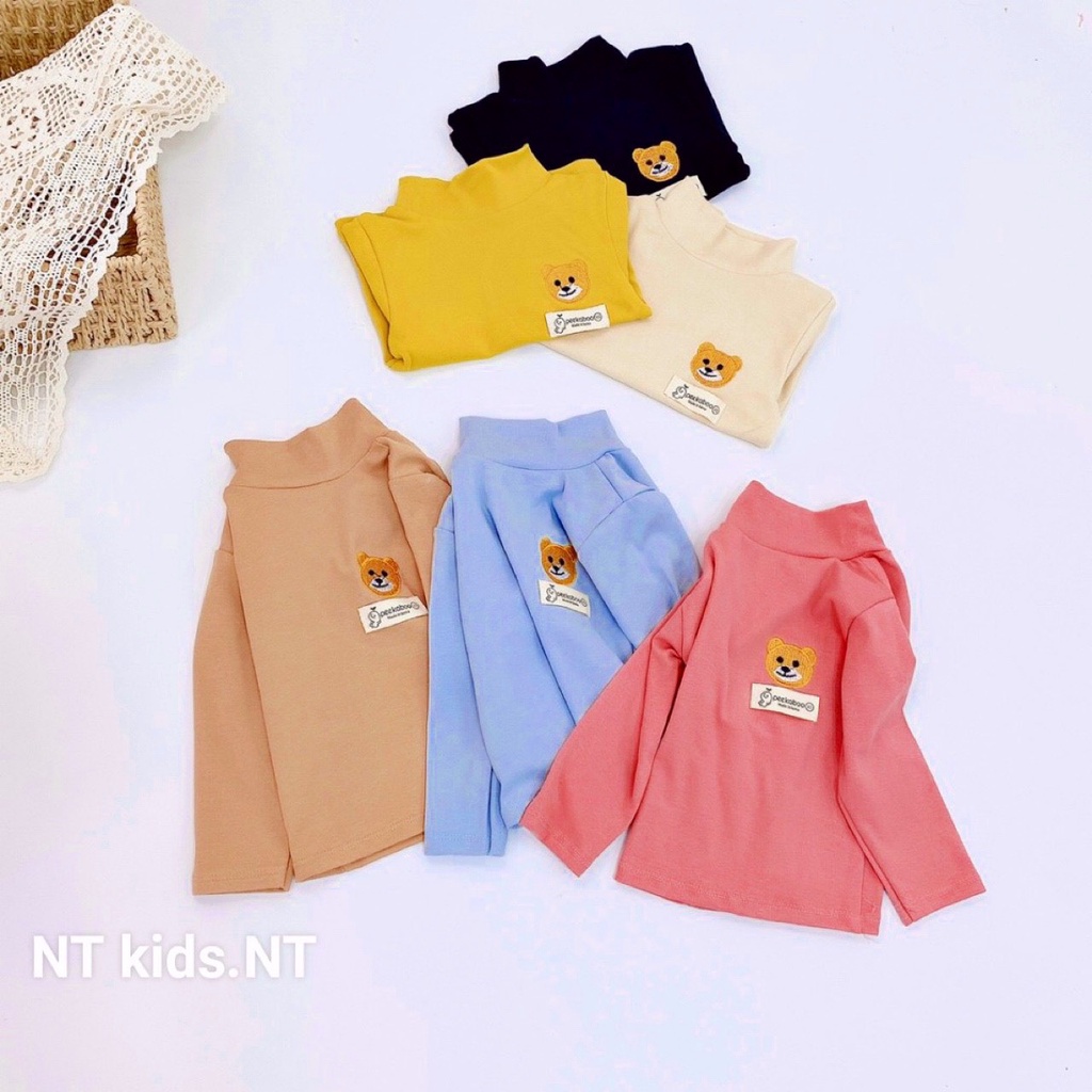 Áo giữ nhiệt cho bé cổ cao 3 phân chất cotton len co giãn 4 chiều mềm mại áo dài tay trẻ em thêu hình gấu dễ thương