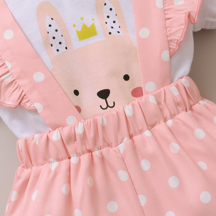 Set 3 món Mikrdoo gồm áo tay ngắn in hình thỏ + quần chấm bi + băng đô cài tóc thời trang mùa hè cho bé gái sơ sinh