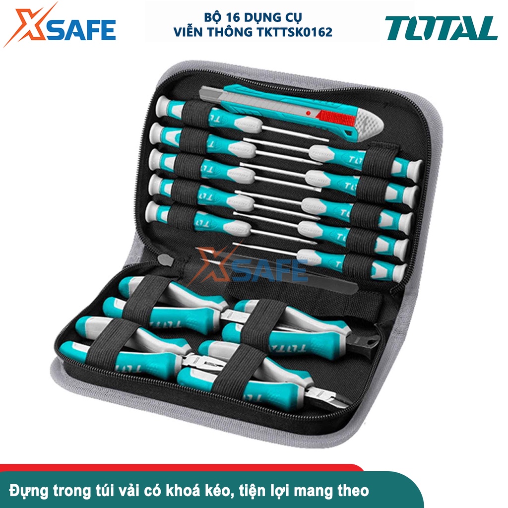 Bộ 16 tua vít và kìm chuẩn TOTAL TKTTSK0162, bộ dụng cụ gồm 10 tua vít, 4 kìm mini, 1 dao rọc giấy và 1 nhíp kẹp 125mm