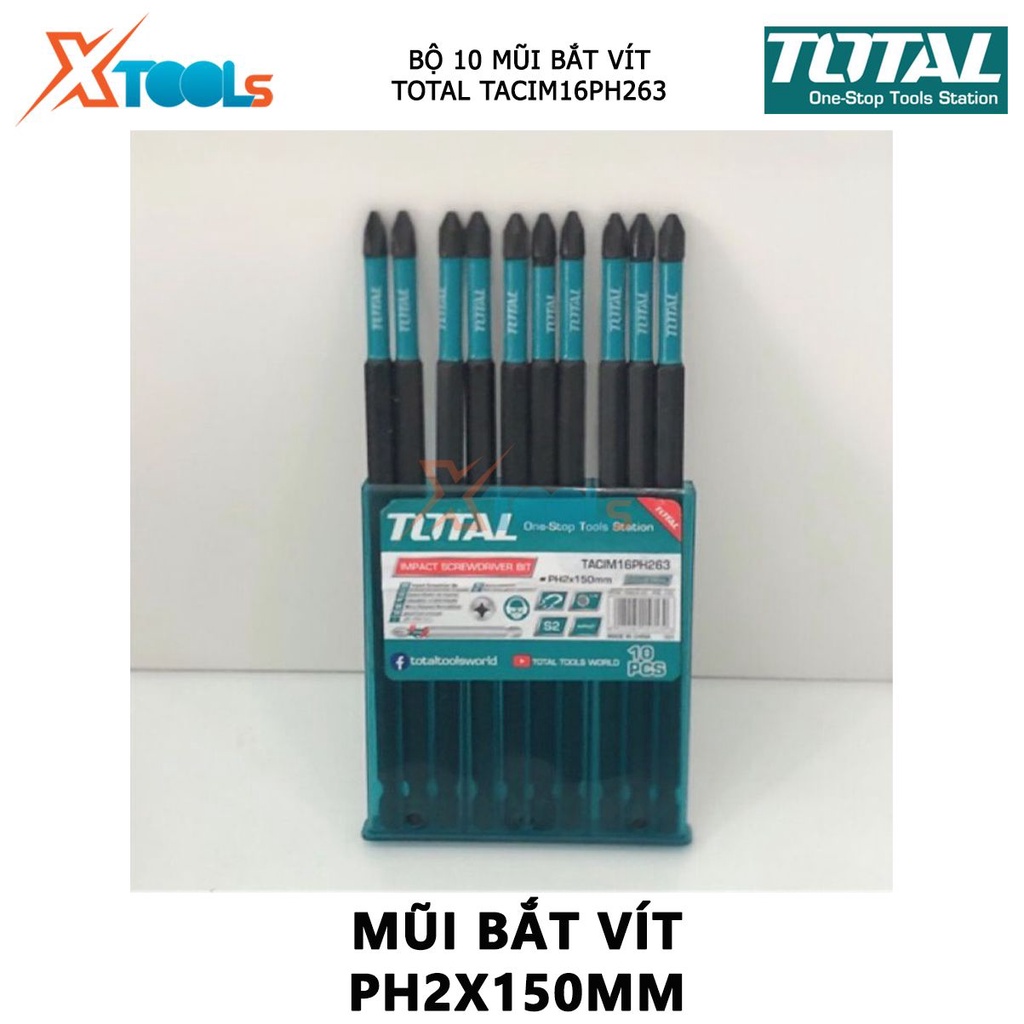 Bộ mũi bắt vít có từ TOTAL TACIM16PH263 | bộ 10 mũi siết vít PH2x150mm thép công nghiệp S2 [CHÍNH HÃNG] [XTOOLs]