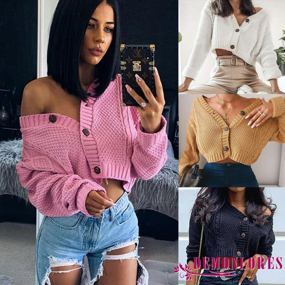 ❀DEM☞Sexy Women V Neck Short Knitted Sweaters Cardigan Open Stitch Long Sleeve Tops