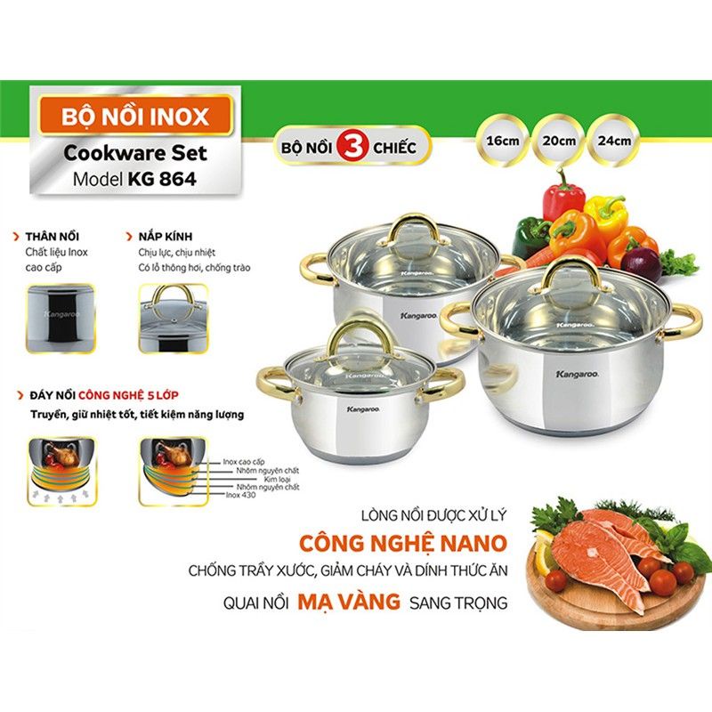 Bộ Nồi Inox 5 đáy liên doanh  Kangaroo KG864