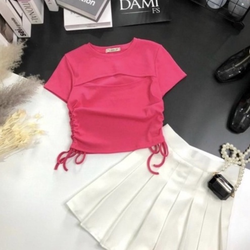 Áo Thun Kiểu Nữ Dáng Croptop Khoét Ngực Tay Ngắn Rút Dây Eo