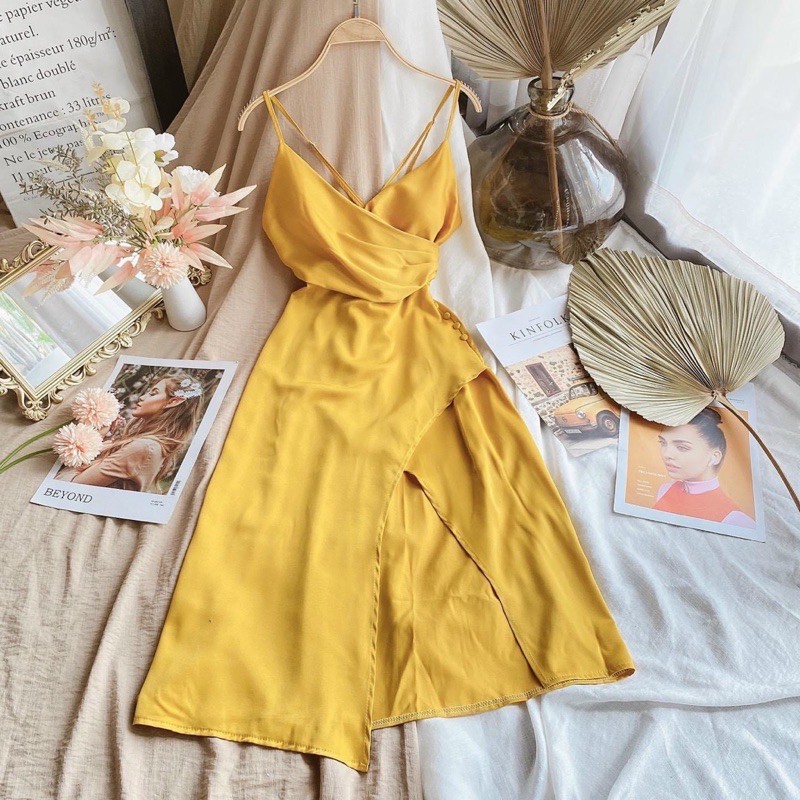 Đầm váy maxi vàng đi biển nút eo xẻ tà