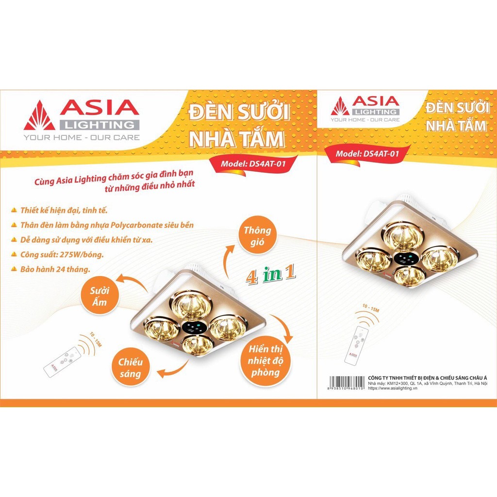 Đèn sưởi nhà tắm âm trần có điều khiển từ xa ASIA - 4 bóng