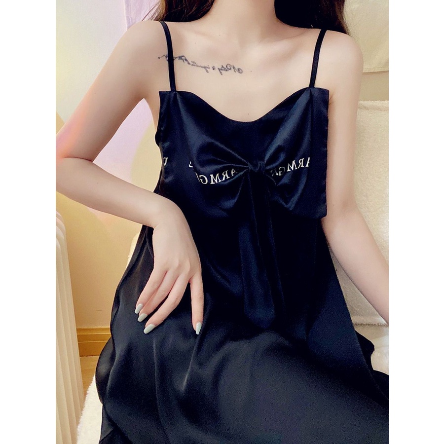 Đầm Ngủ Hai Dây Đính Nơ Cao Cấp Phong Cách Quyến Rũ Dành Cho Nữ