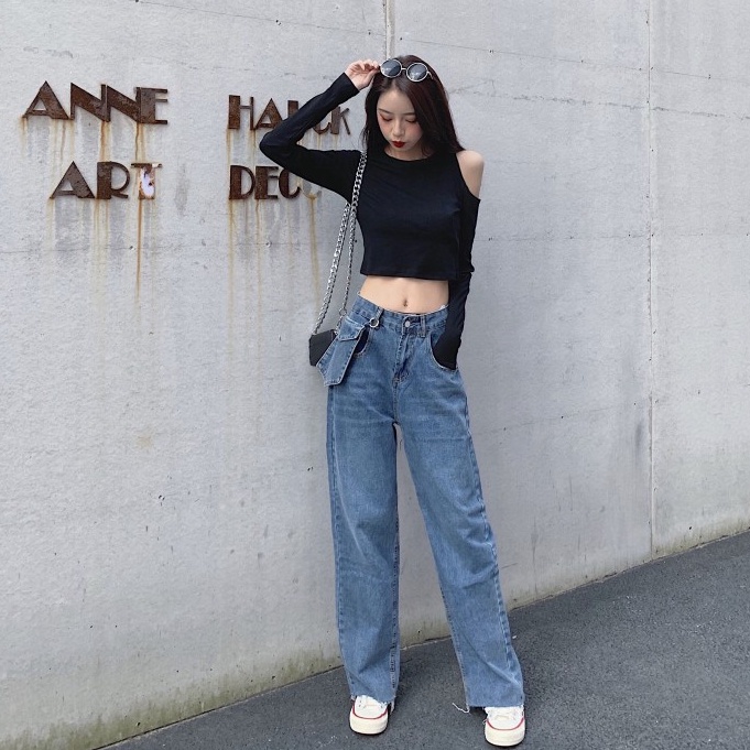 Quần jean bò ống rộng suông xuông nữ jeans cạp cao Emilyshop phong cách Hàn Quốc Ulzzang