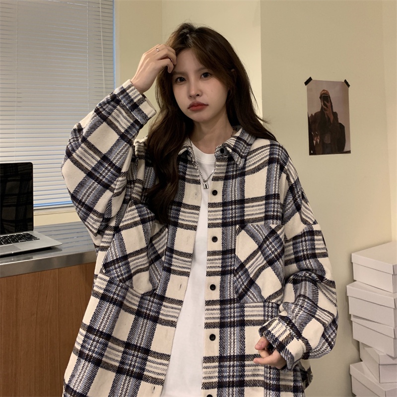 Áo sơ mi ZHELIHANGFEI tay dài form rộng họa tiết sọc theo phong cách đi học dễ phối đồ