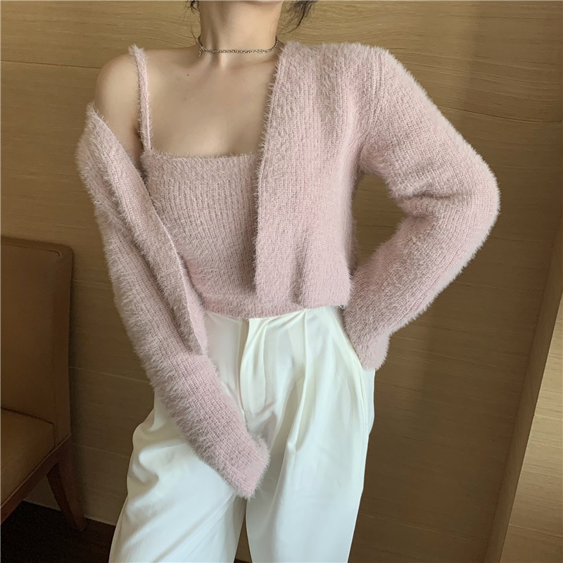 [Có sẵn] Full set Áo len lông thỏ áo khoác len cardigan và áo 2 dây len tiểu thư sang chảnh A174 | BigBuy360 - bigbuy360.vn