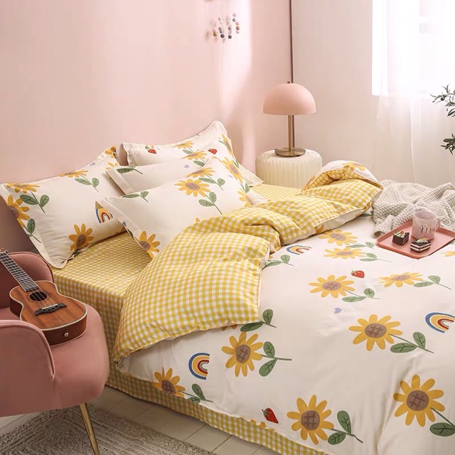 Set Chăn Ga Cotton Poly Hoa Hướng Dương Ga Kẻ Ô Vuông Vàng Mát Bền Cực Độc Shinbedding.shop