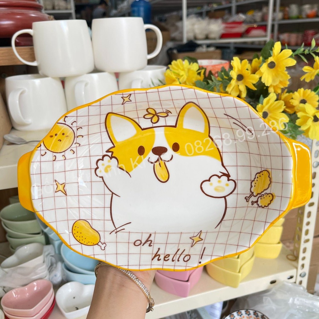 Bộ bát đĩa sứ,Chén Dĩa Sứ Bát Ăn Cơm Decor sét bát đĩa chó orgi màu vàng 13 chi tiết xinh yêu