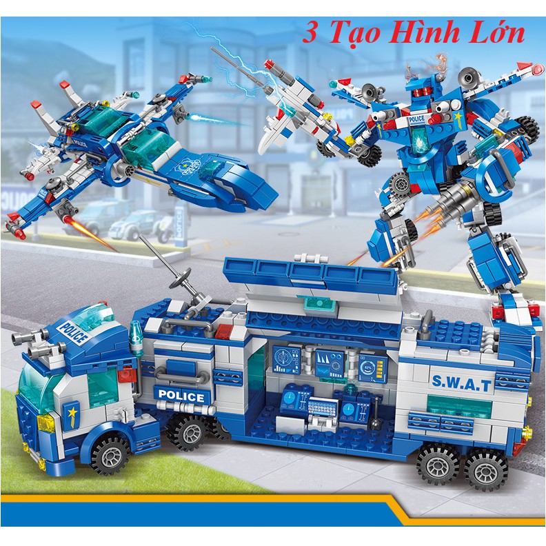 [700 CHI TIẾT] Bộ Đồ Chơi Lắp Ráp Xếp Hình LEGO Xe Cảnh Sát, Máy Bay Chiến Đấu, RoBot Biến Hình, Biệt Đội SWAT