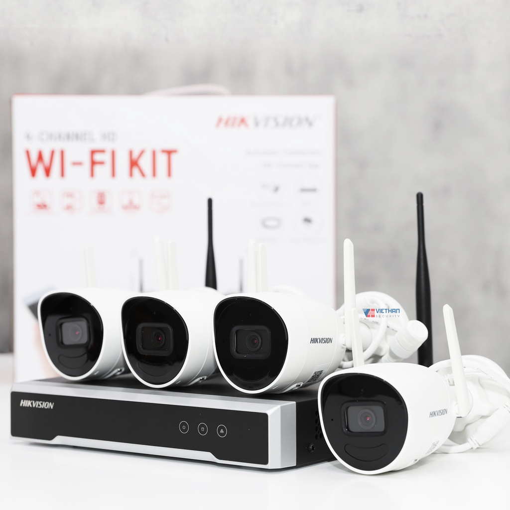 Trọn bộ 4 Camera IP Wifi Hikvision NK42W0H(D) ngoài trời âm thanh, camera 2 râu, đầu ghi phát wifi xuyên tường