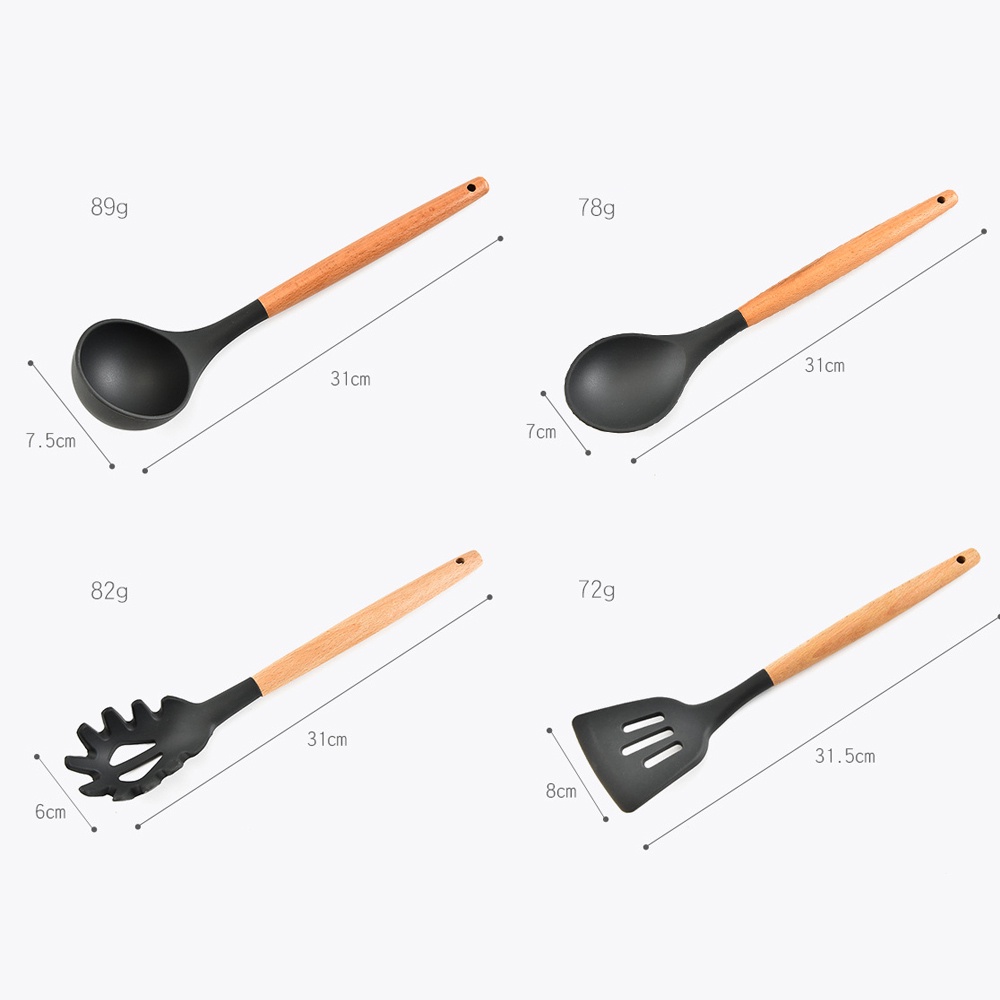 Bộ Dụng Cụ Nấu Ăn Bằng Silicone Cán Gỗ Chống Dính Tiện Lợi